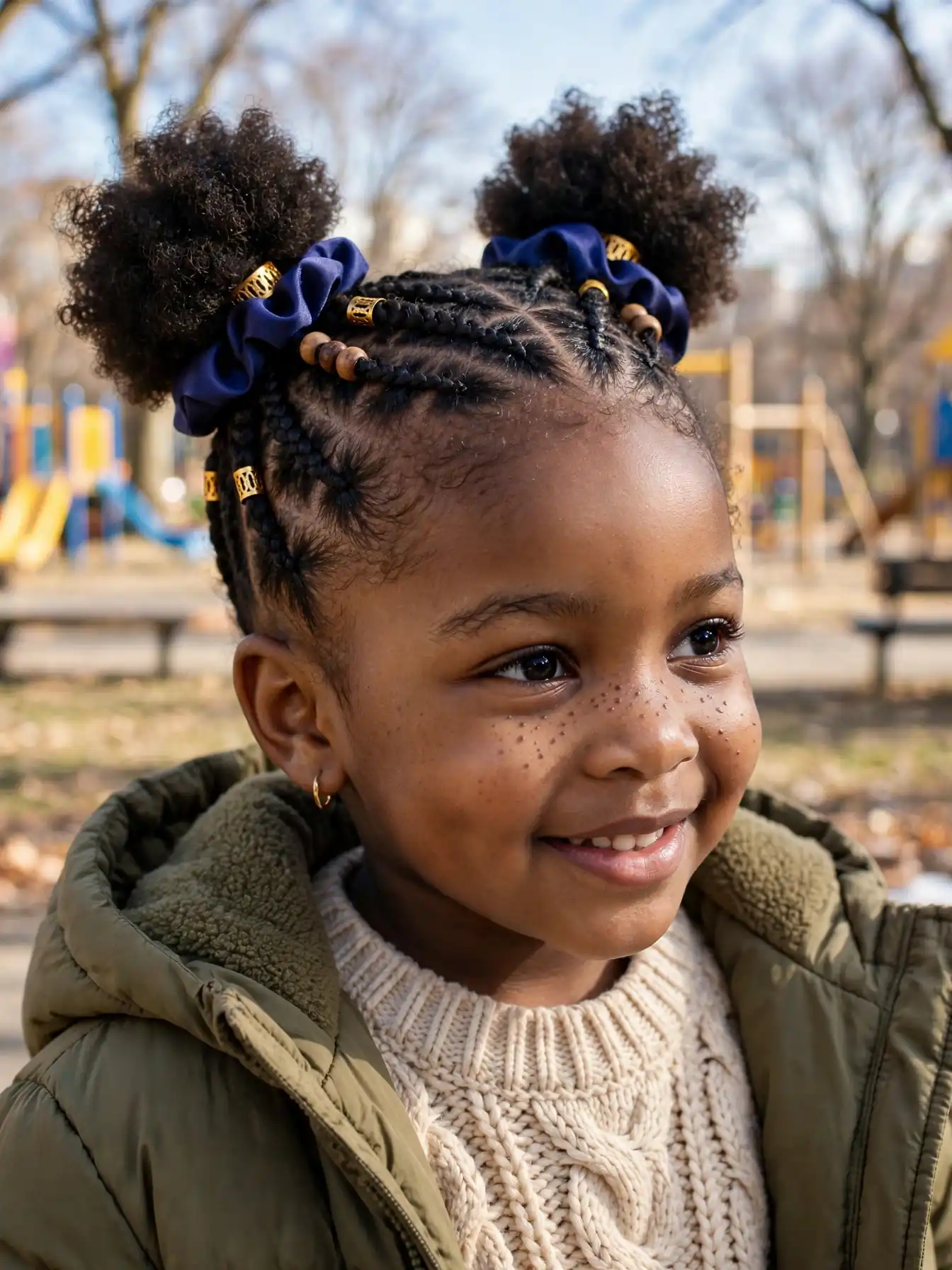 22 Winter Natural Hairstyles For Kids They'll Love 4 mini cornrows feeding into two round puffs on a child