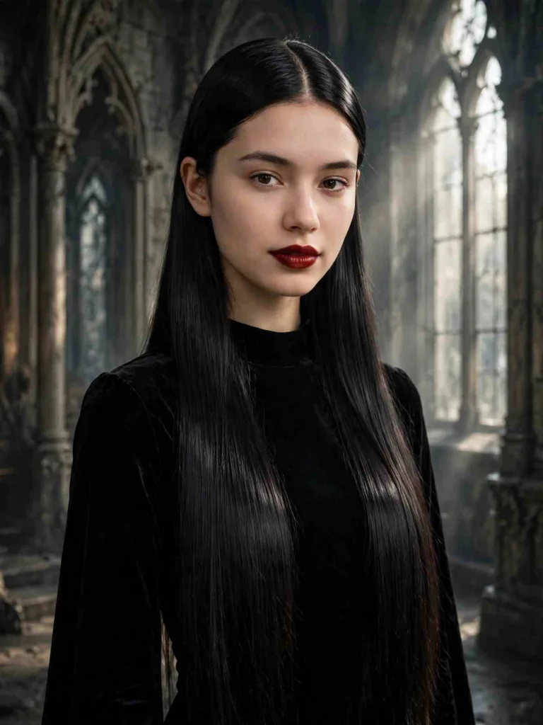 Sleek Morticia center part with long glossy black hair