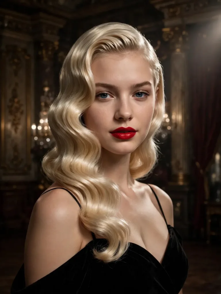 Woman with platinum Old Hollywood side waves and red lipstick in a ballroom