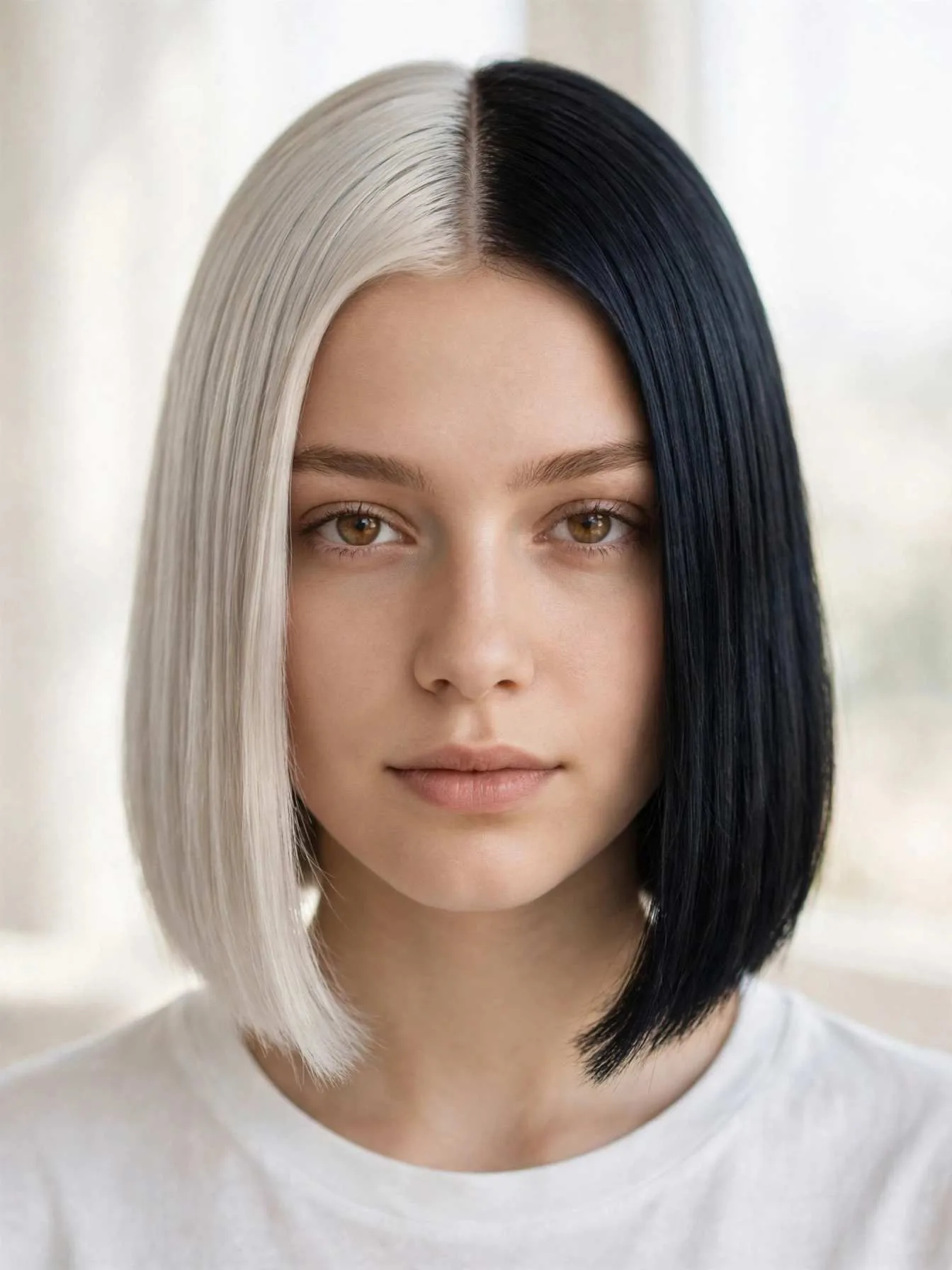Platinum blonde and jet black split dye, high contrast