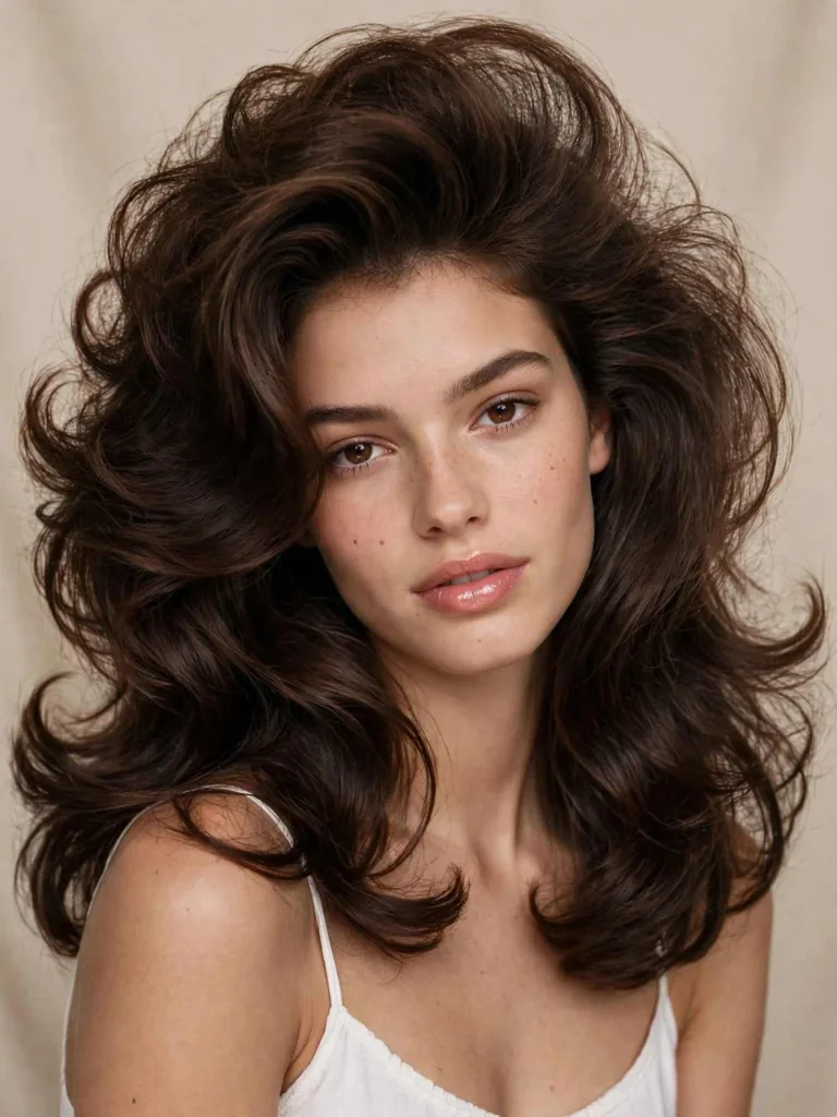 Long dark brown hair with dramatic root volume and sweeping bends in a 90s supermodel blowout.
