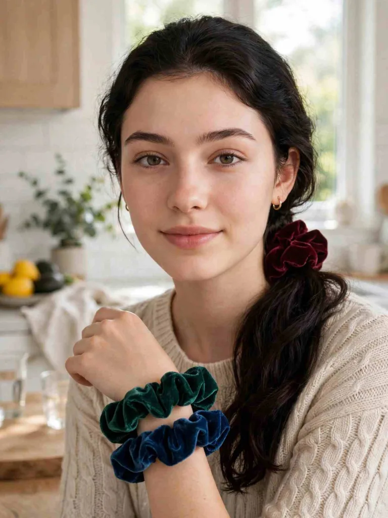 Woman with a low ponytail secured by a burgundy velvet scrunchie