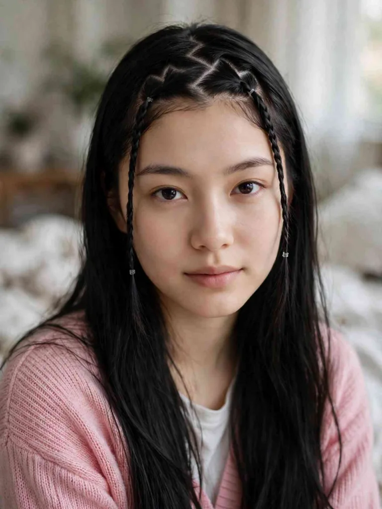 Woman with a zigzag part and two thin baby braids