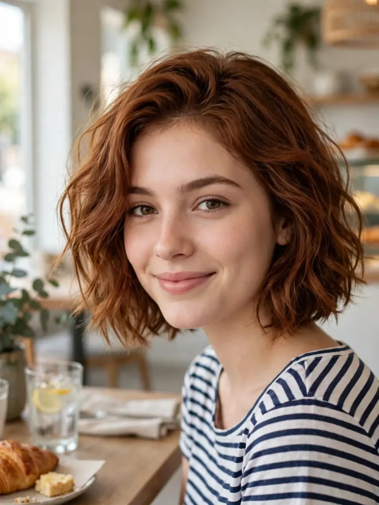 Short bob with loose beachy waves and piece-y ends