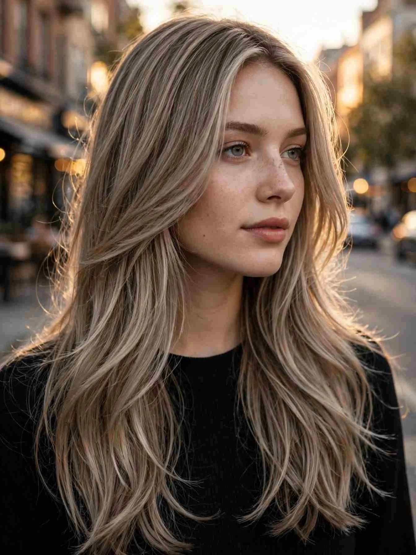 Ash bronde blend with cool beige balayage highlight strands