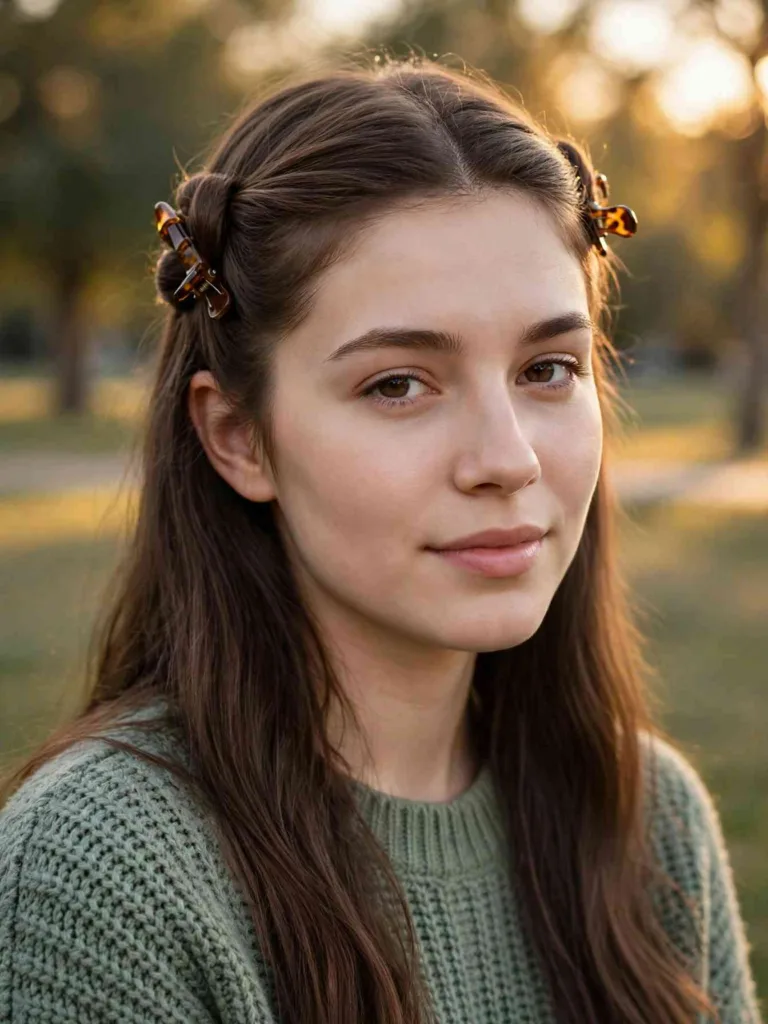 Woman with front twists pinned by tortoiseshell butterfly clips
