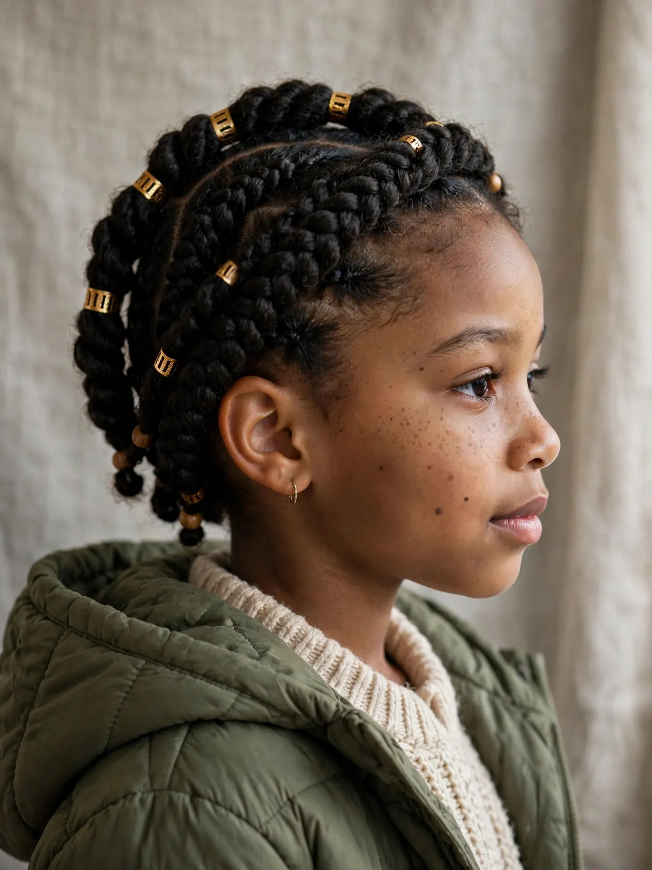 22 Winter Natural Hairstyles For Kids They'll Love 5 chunky flat twists in a halo crown around a girl's head