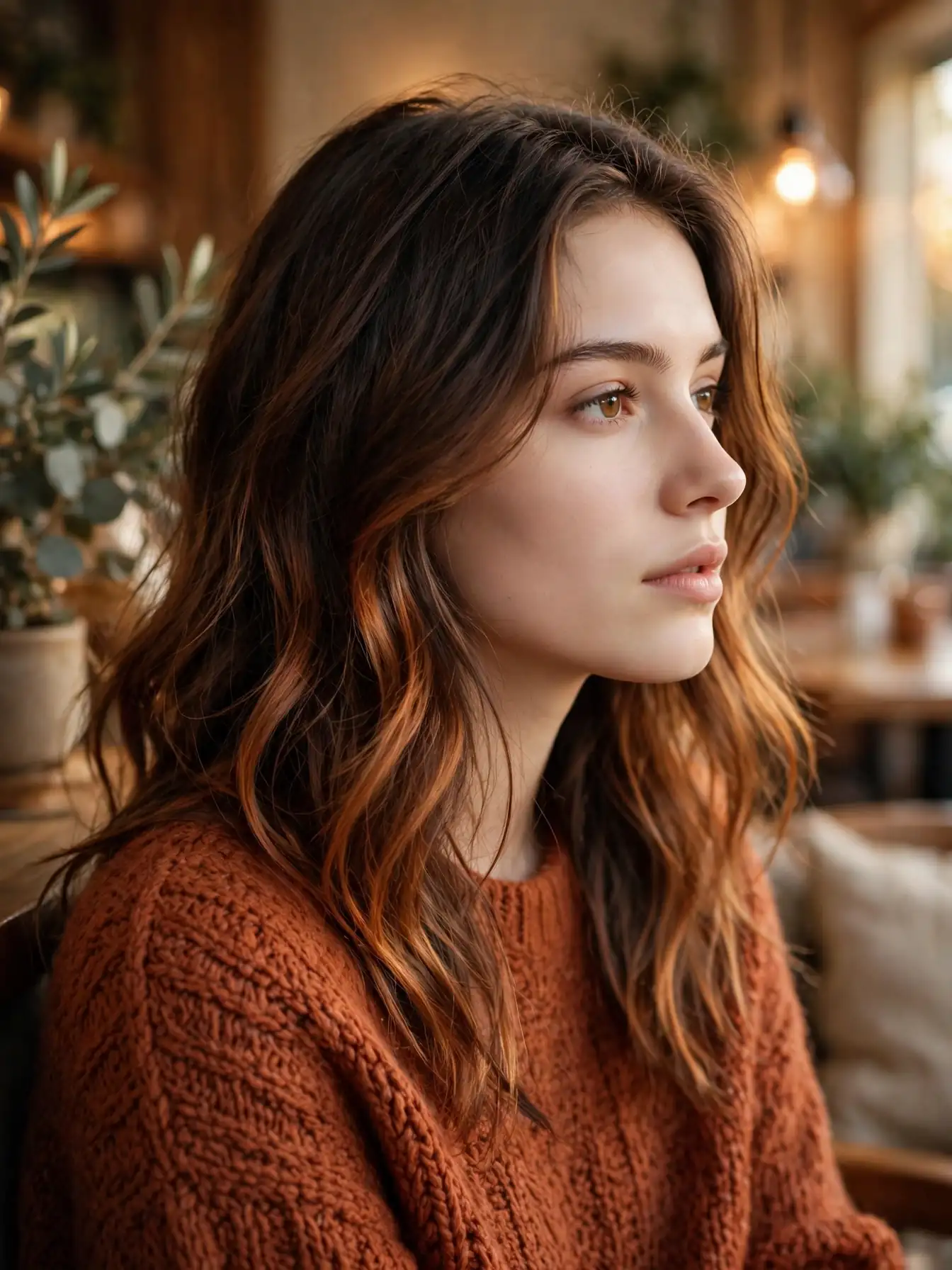 Cinnamon spice balayage highlight strands on dark brown wavy hair