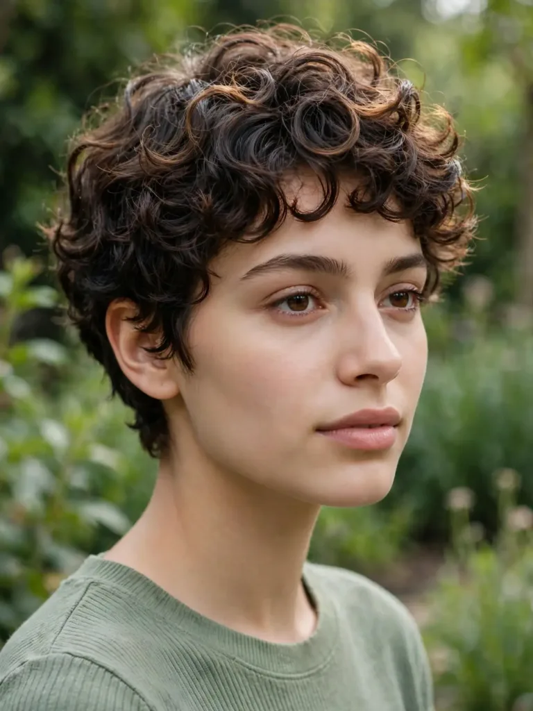 Curly pixie with soft rounded shape and defined curls