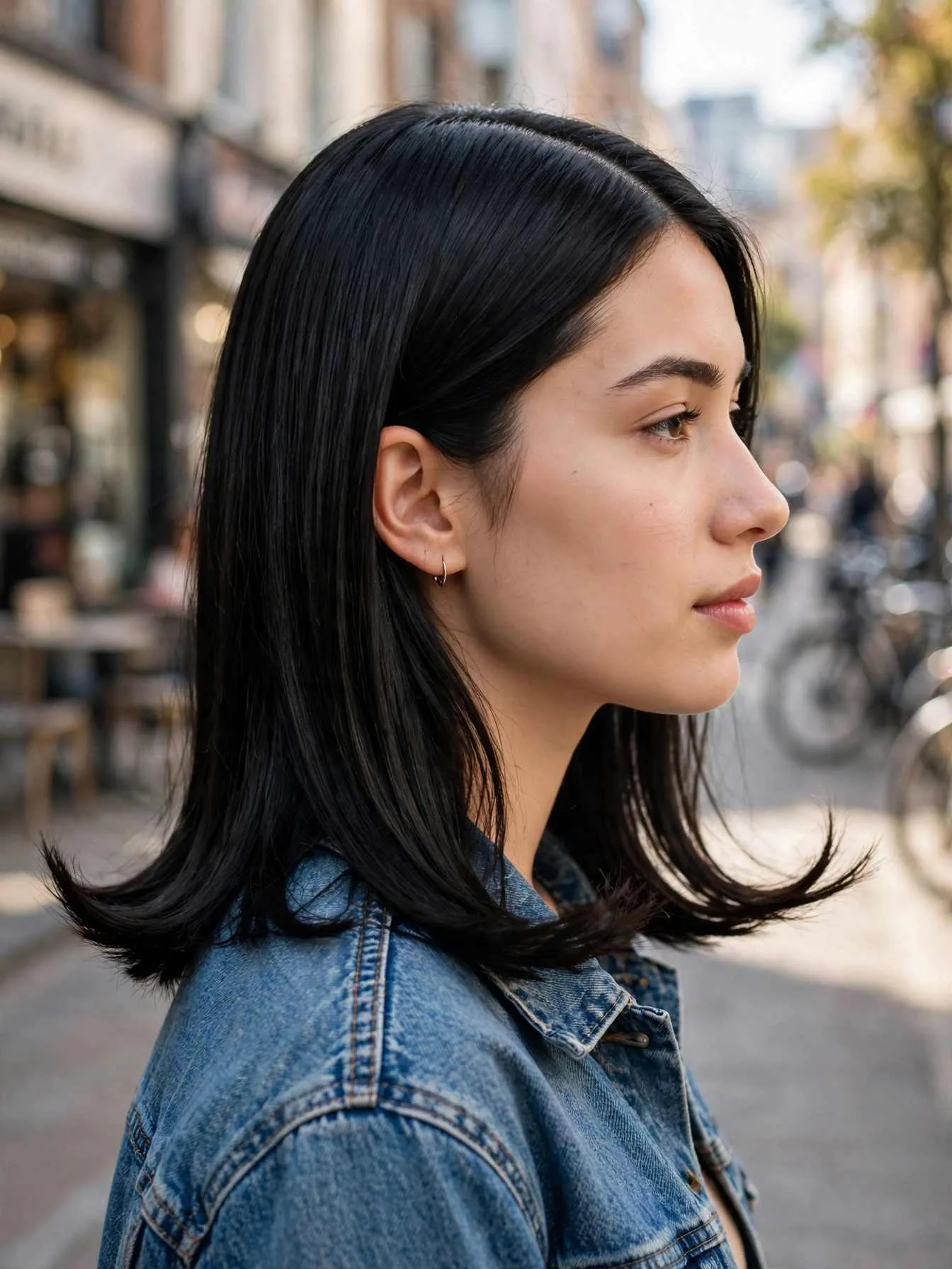 Sleek straight black hair with flipped out ends and a sharp middle part
