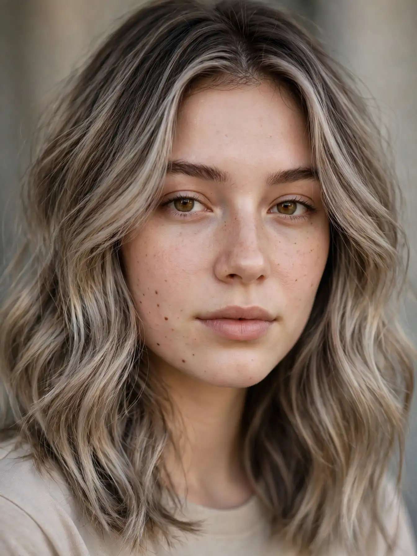 Hand-painted ashy bronde balayage with diffused root blend