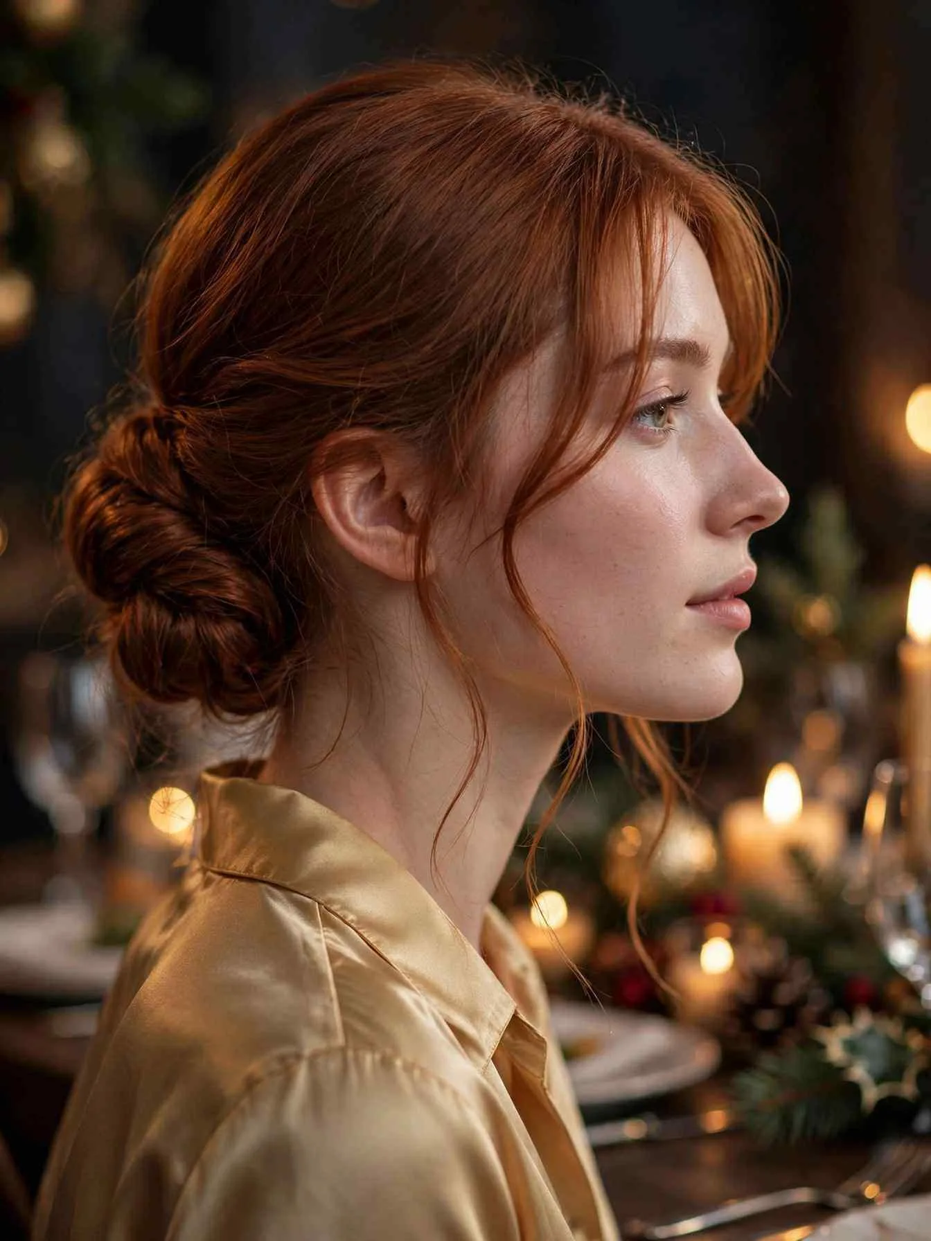 Romantic low chignon with soft curtain bangs framing the face