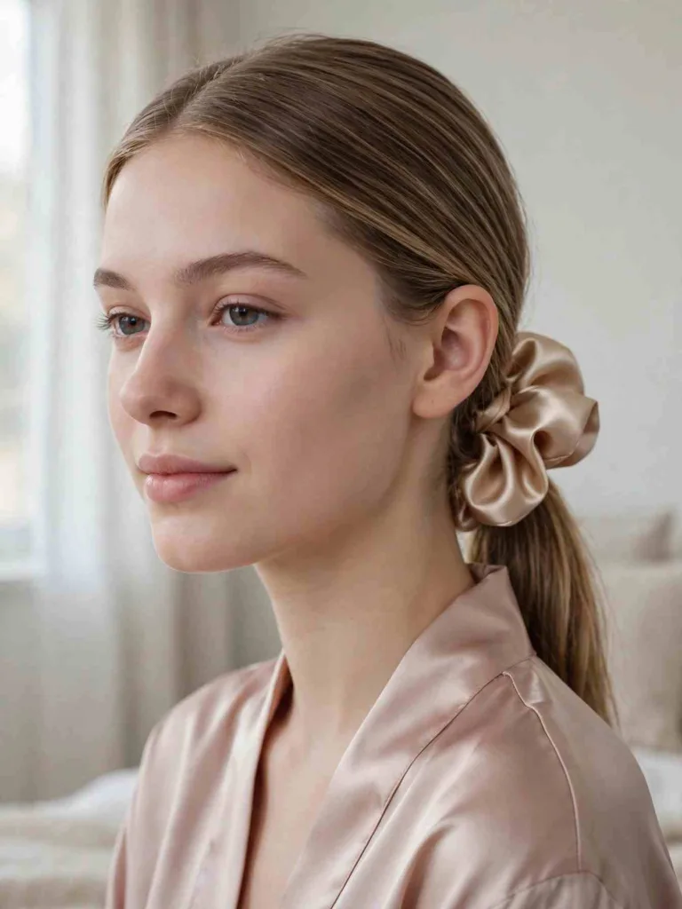 Close view of a champagne mulberry silk scrunchie on a low ponytail