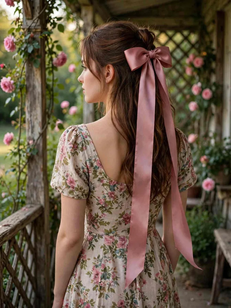 Half-up waves tied with a wide satin ribbon bow