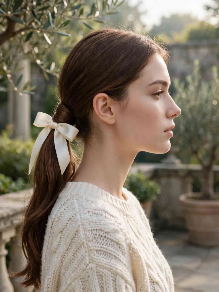 Side profile of a woman with chestnut hair in a smooth low ponytail tied with an ivory satin ribbon bow