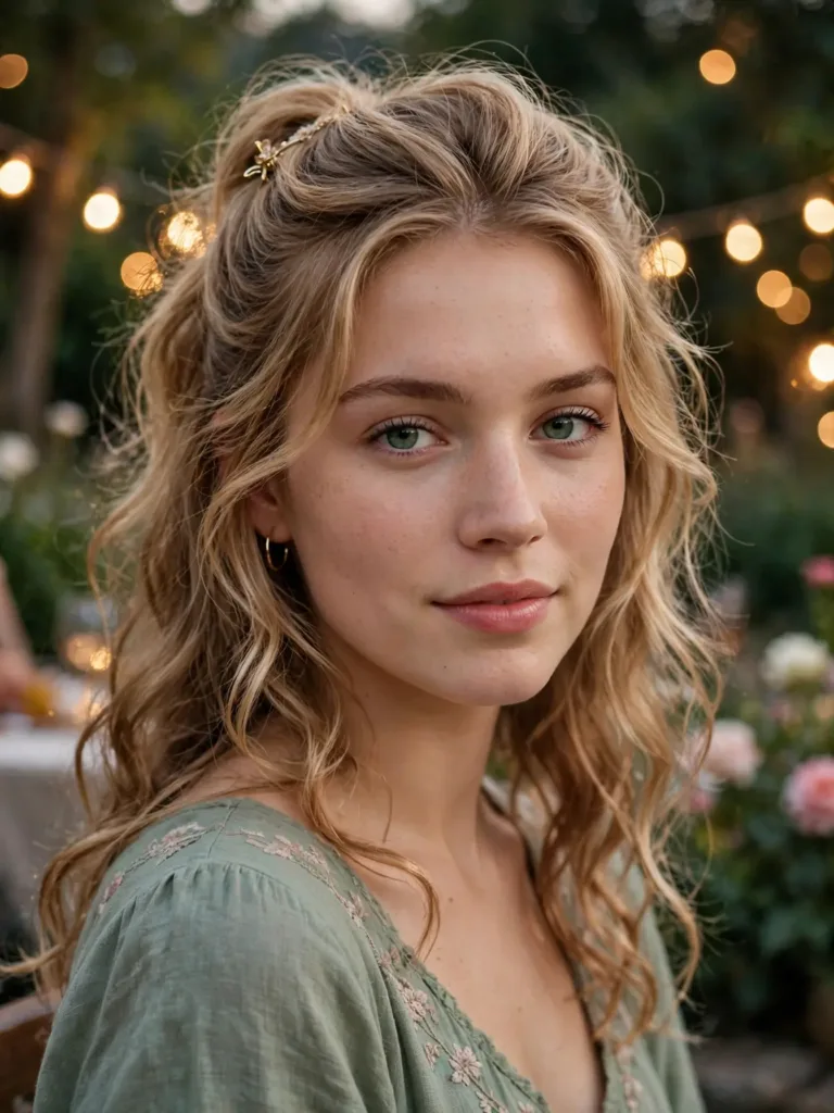 Soft half-up curls with a pinned top section and loose waves at a garden party