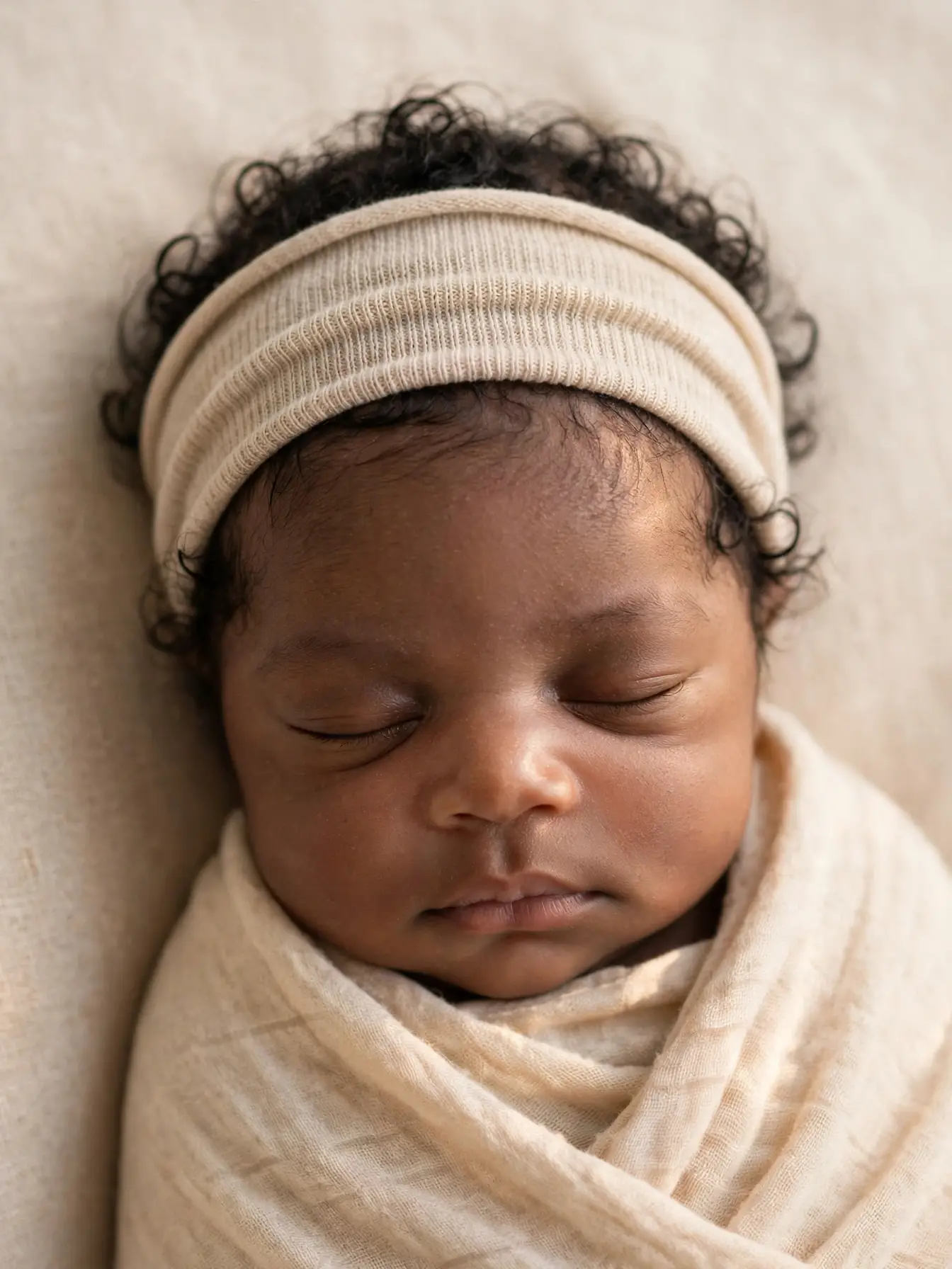 newborn with a soft fabric headband over natural curls