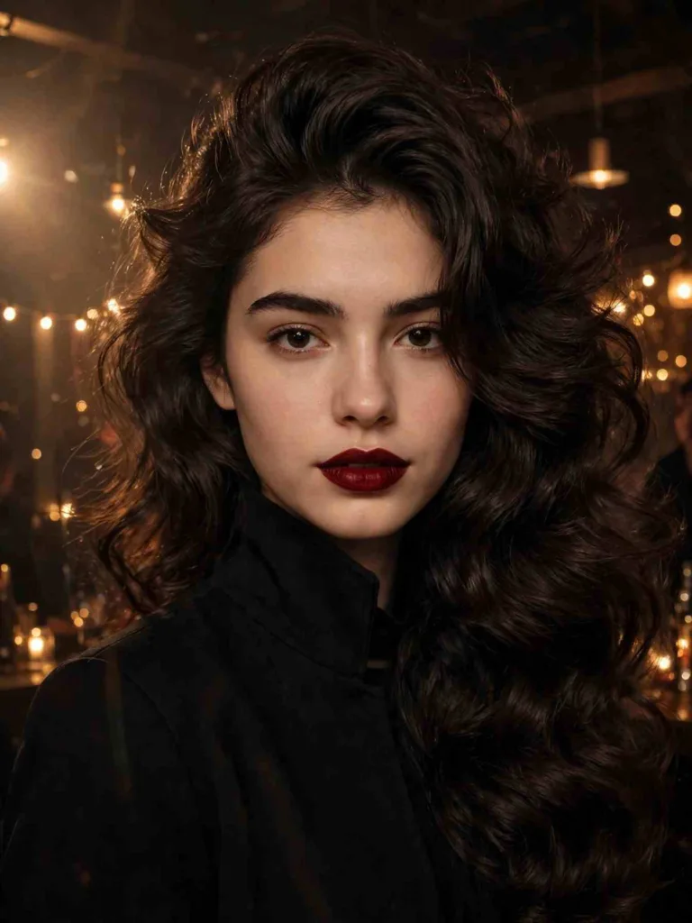 Vampire dark voluminous waves with a deep side part