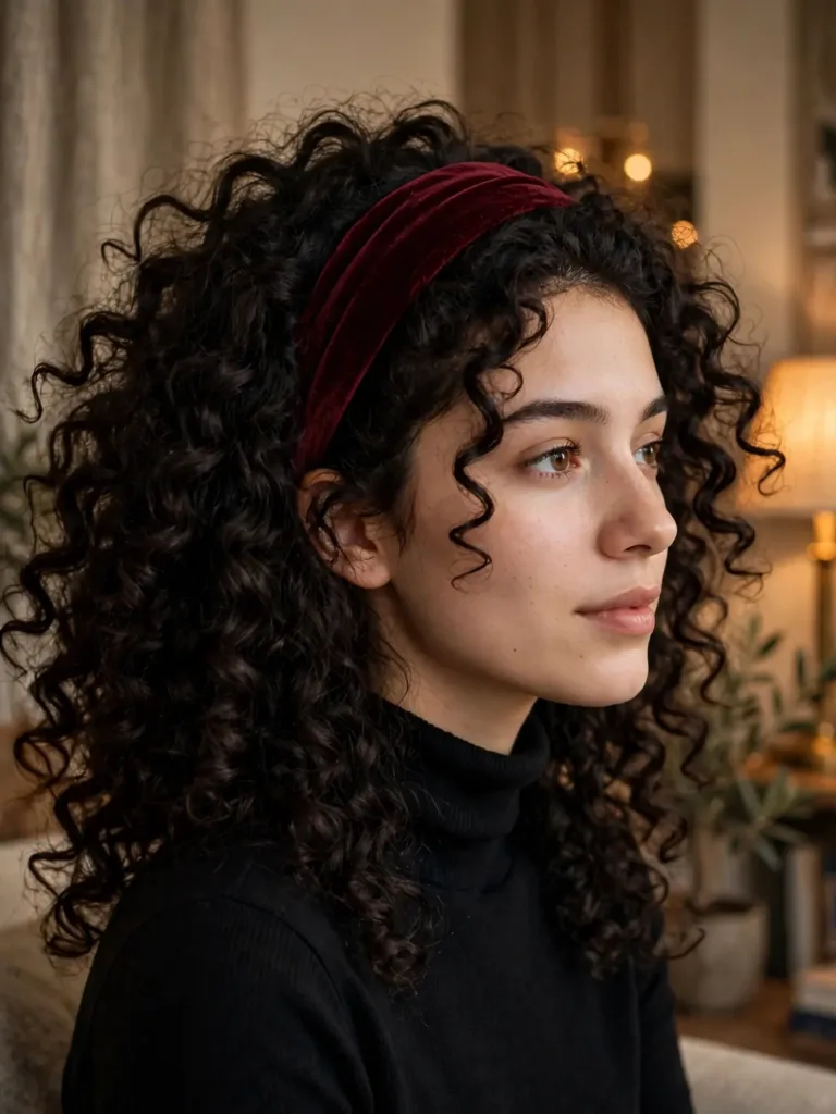 burgundy velvet headband styled on voluminous curly hair