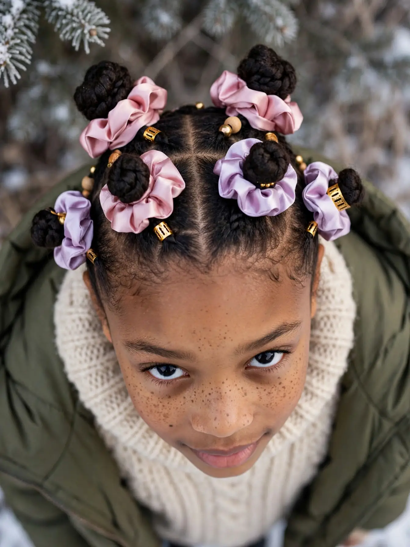 22 Winter Natural Hairstyles For Kids They'll Love 6 bantu knots wrapped with satin scrunchies for kids