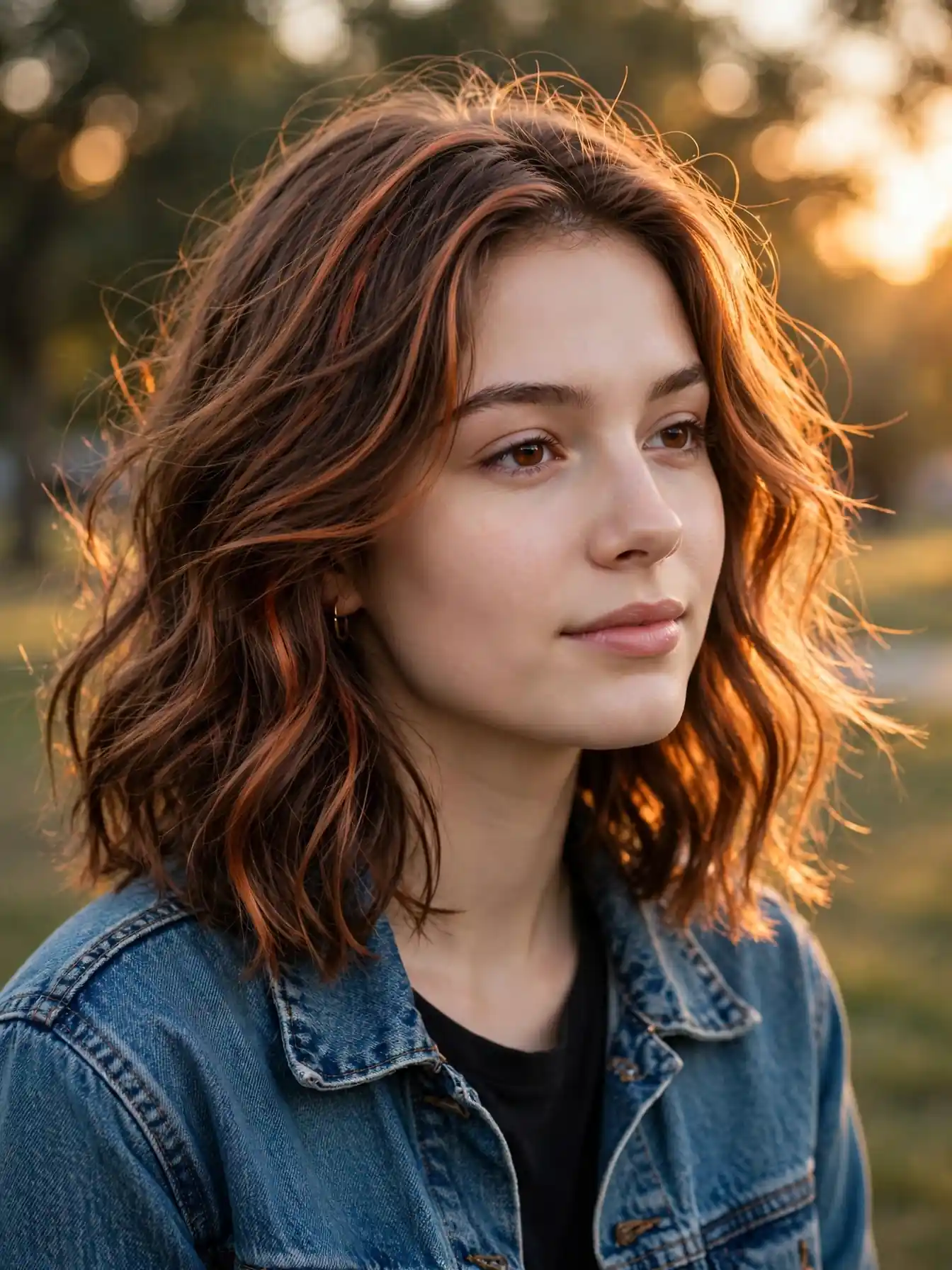 Copper penny highlights on a brunette wavy lob