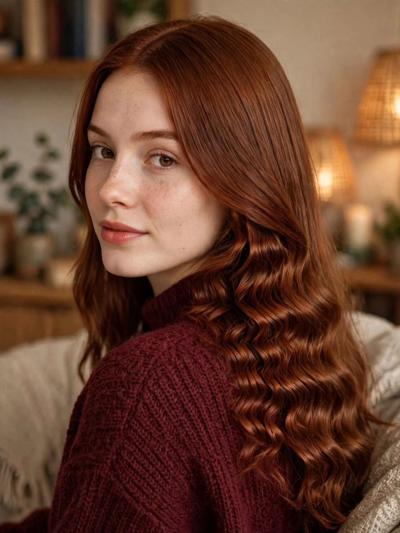 Long auburn hair with crimped zigzag texture peeking through a smooth top layer