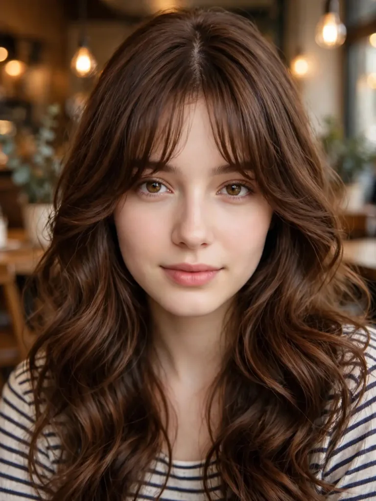Curtain bangs blended into soft angel waves on medium-length hair