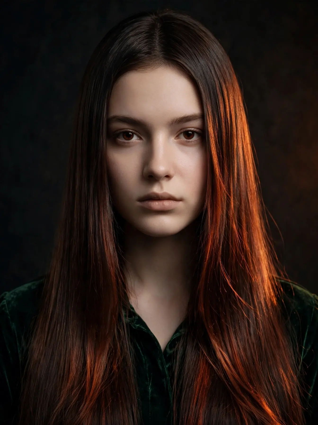 Dark burnt oxidized copper hair with deep shadowy lowlights