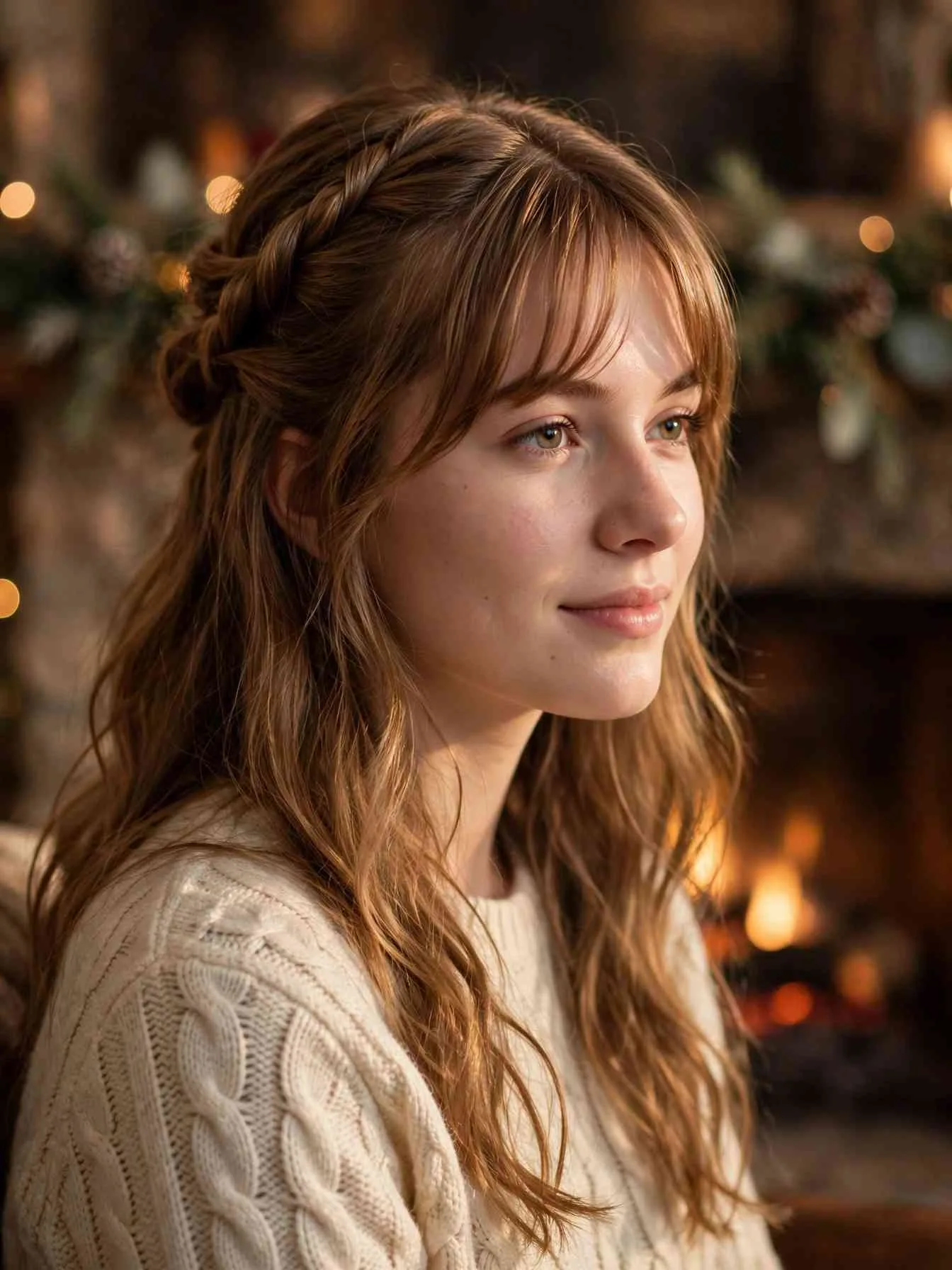 Half-up twisted crown with curtain bangs and soft waves