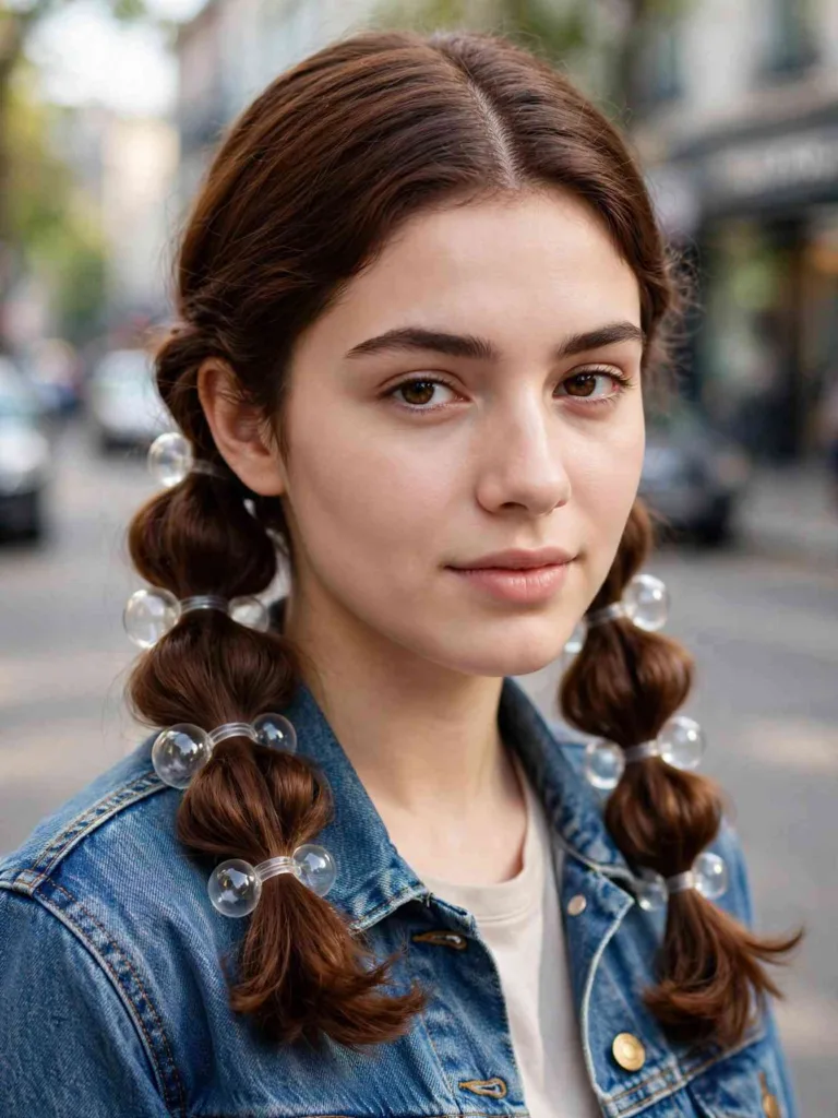 Woman with two low bubble pigtails at the nape
