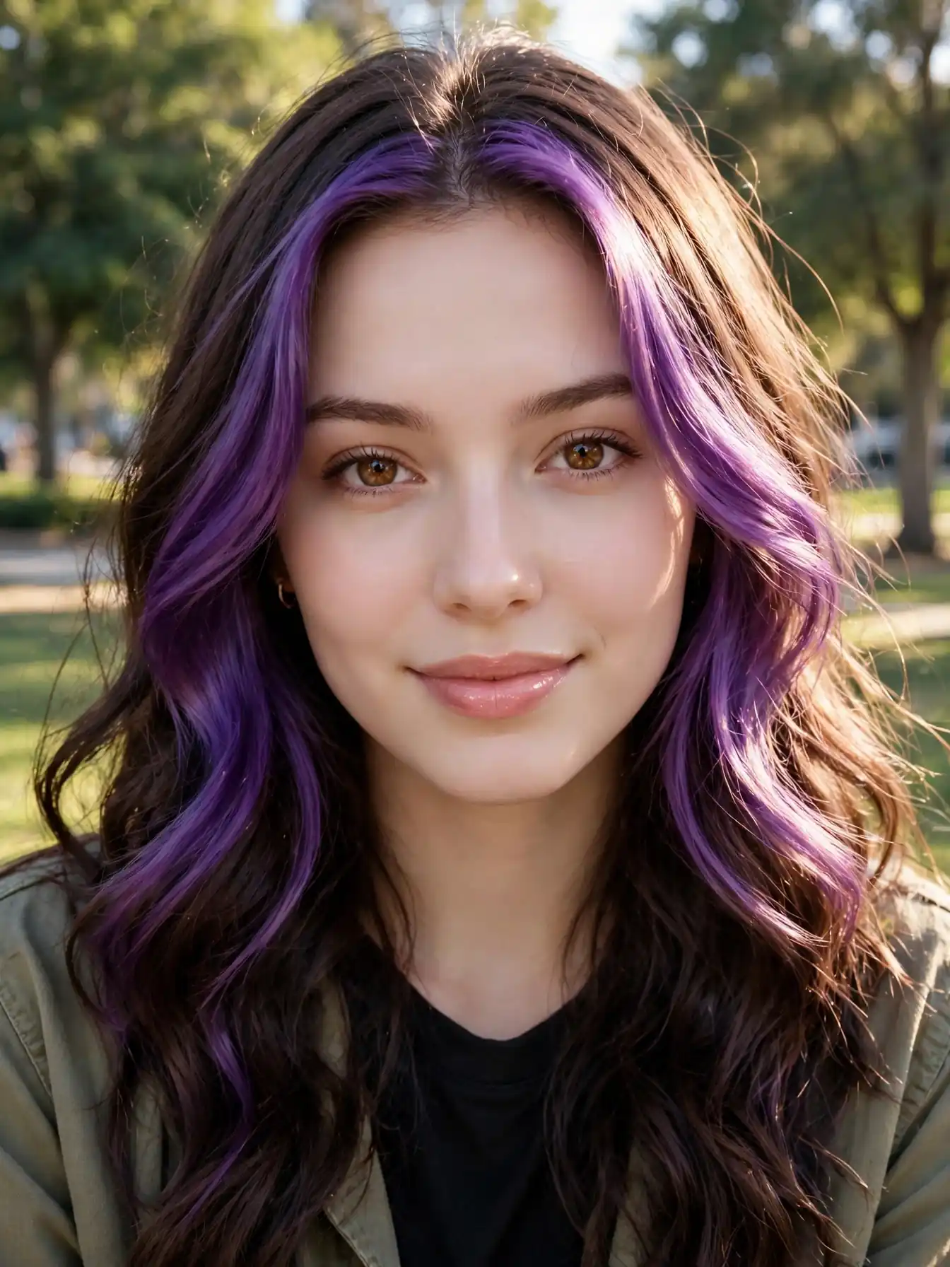 Face-framing plum money piece panels brightening brunette hair