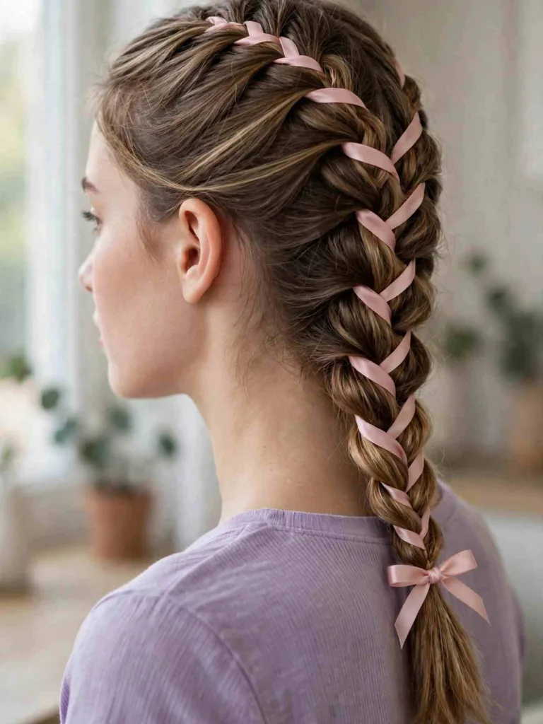 French braid with blush ribbon woven through as a fourth strand