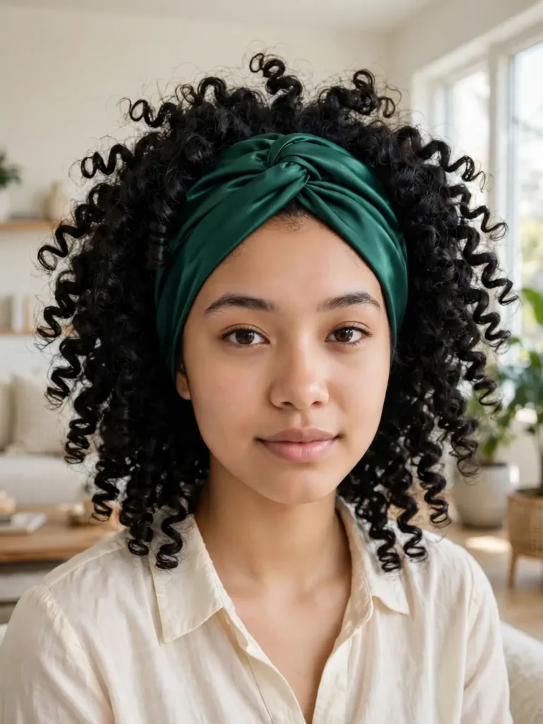 emerald green satin turban headband wrapped around curly hair