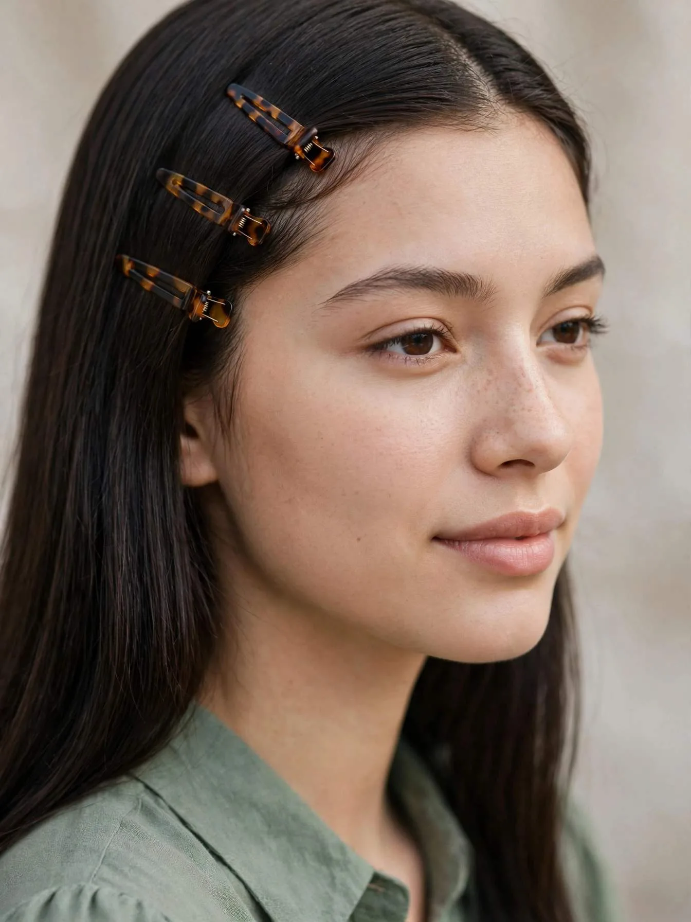 Three small tortoiseshell butterfly clips along the side part of long straight dark hair