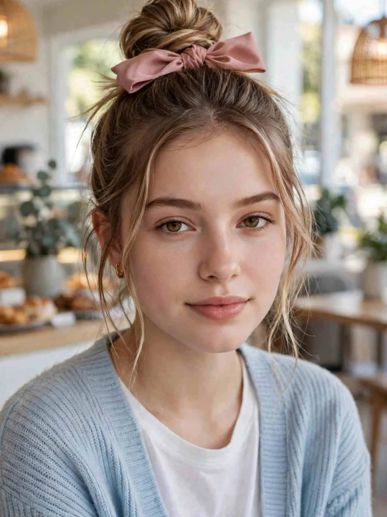 Loose high topknot with a medium satin bow at its base