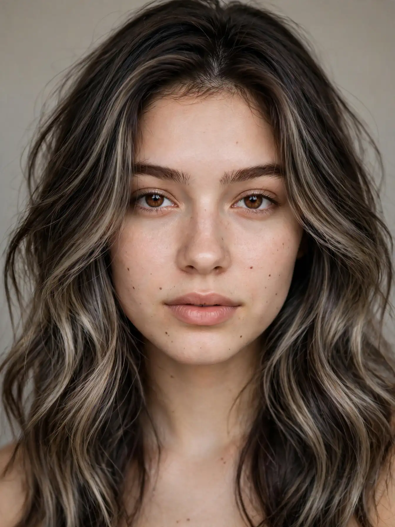 Ashy bronde melt on dark brown hair with subtle lightness