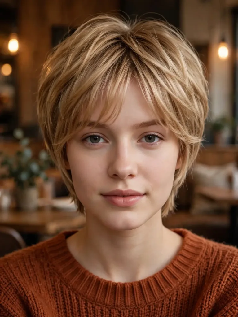Long pixie with curtain fringe in honey blonde