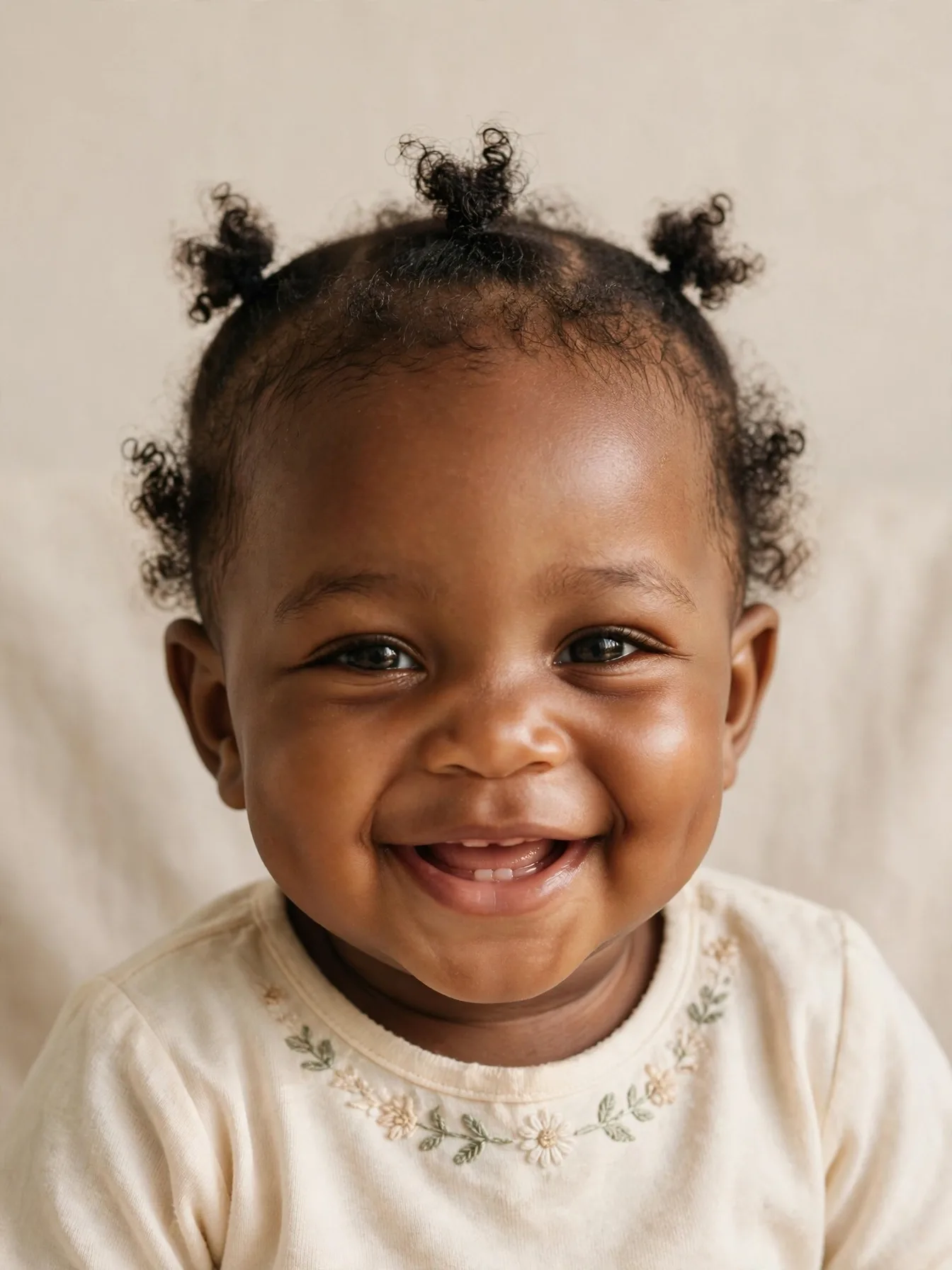 baby girl with three mini bantu knots on the crown
