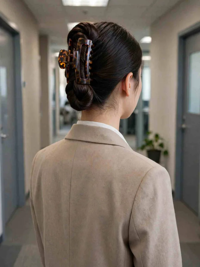 Tortoiseshell claw clip holding a French twist on long dark hair