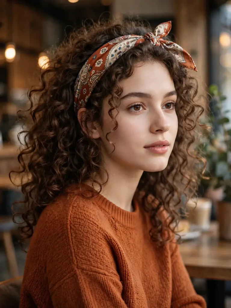 patterned silk scarf tied as a headband over curly hair