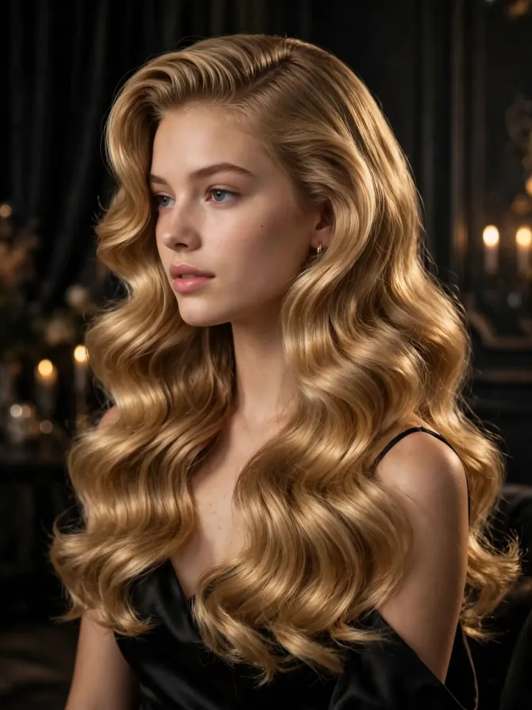 Polished soft glam bombshell waves with a deep side part