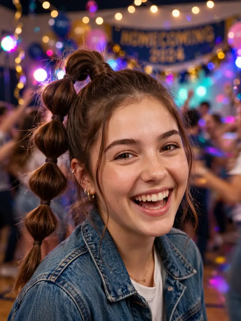 Playful high bubble ponytail with even rounded sections on a dance floor
