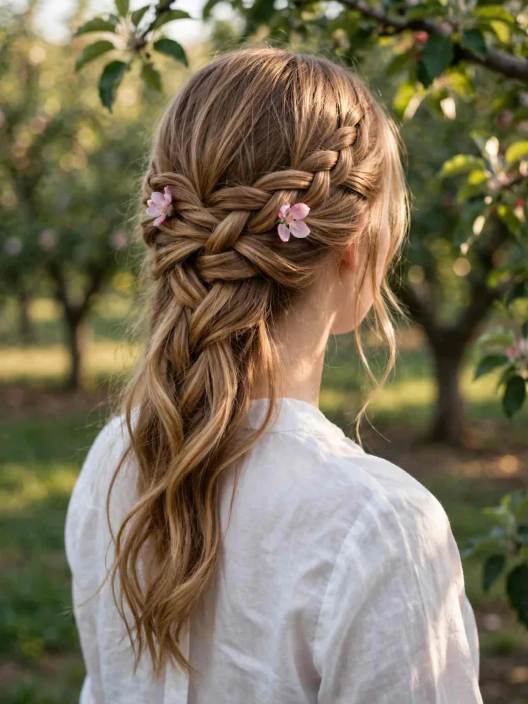 Waterfall braid with small silk blossoms woven through