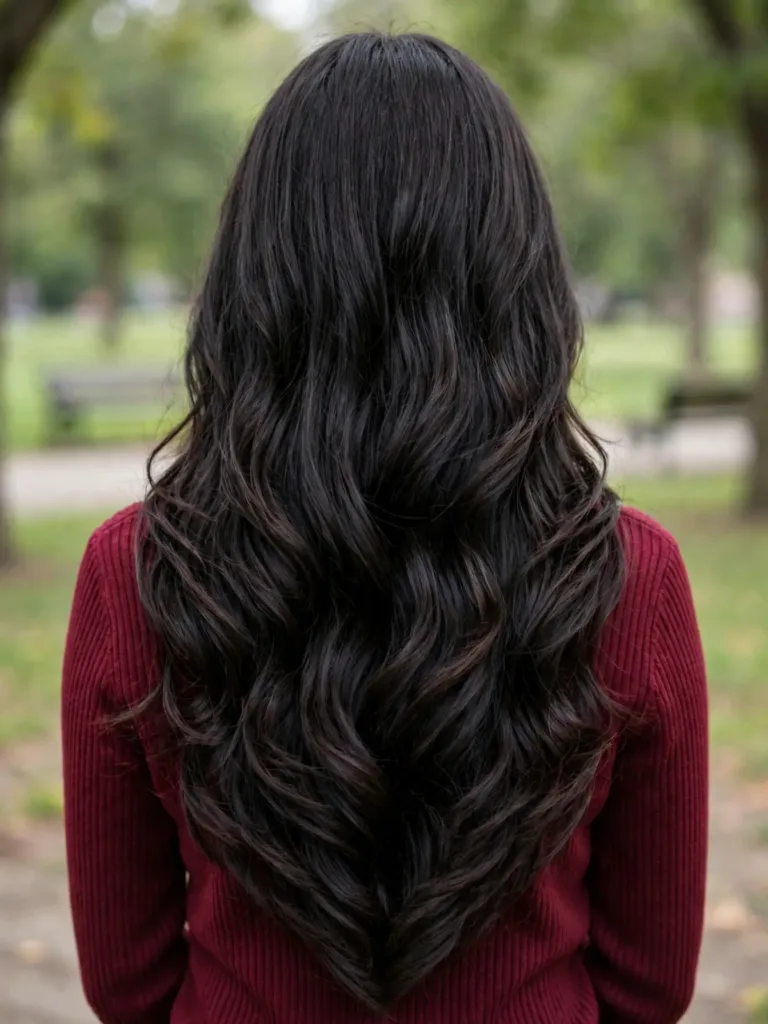 25 Best Haircuts for Thick Wavy Hair That Remove Bulk 8 V-shaped haircut on long thick wavy hair, back view
