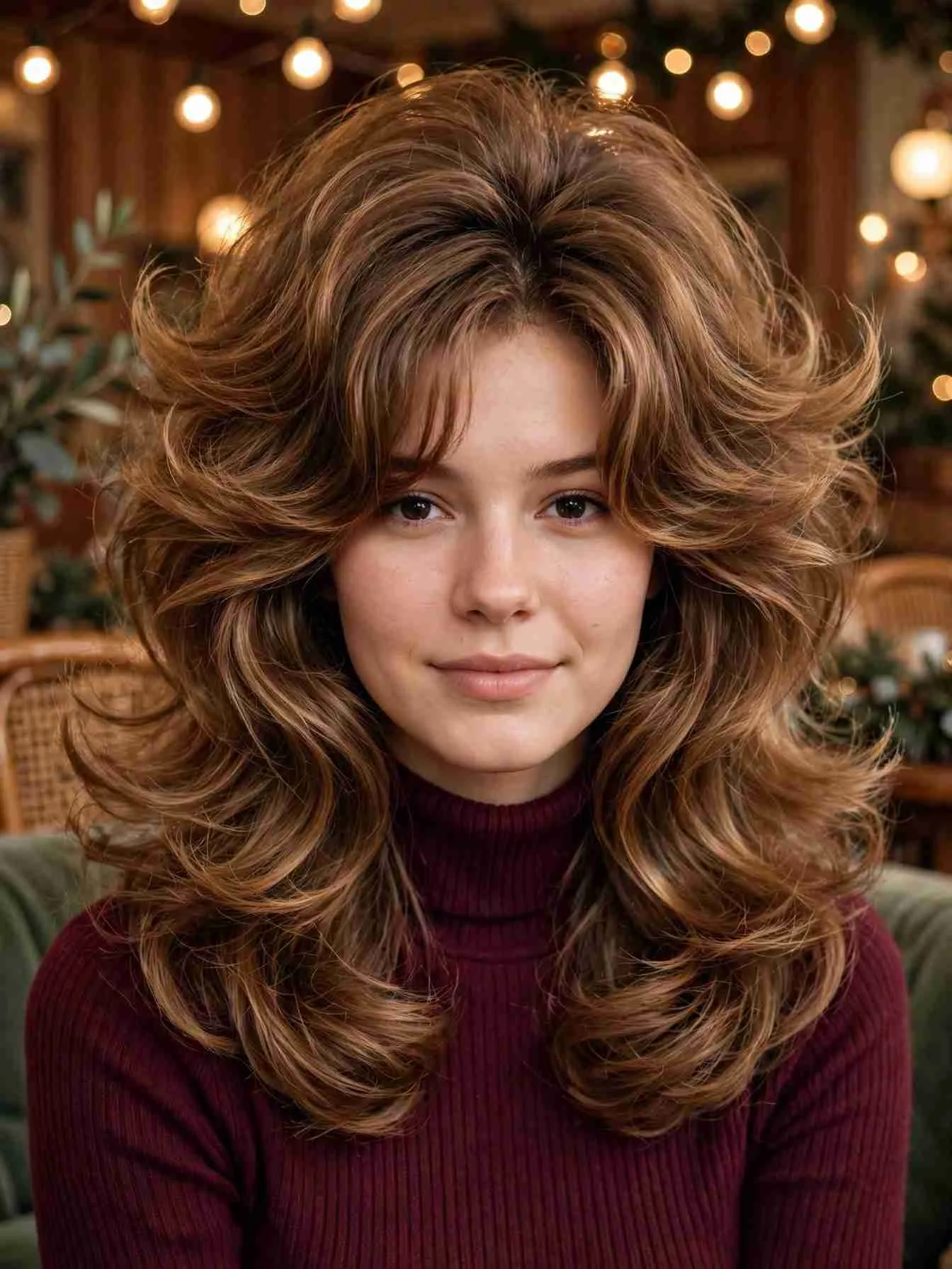 Voluminous Bardot layers with curtain bangs and feathered ends