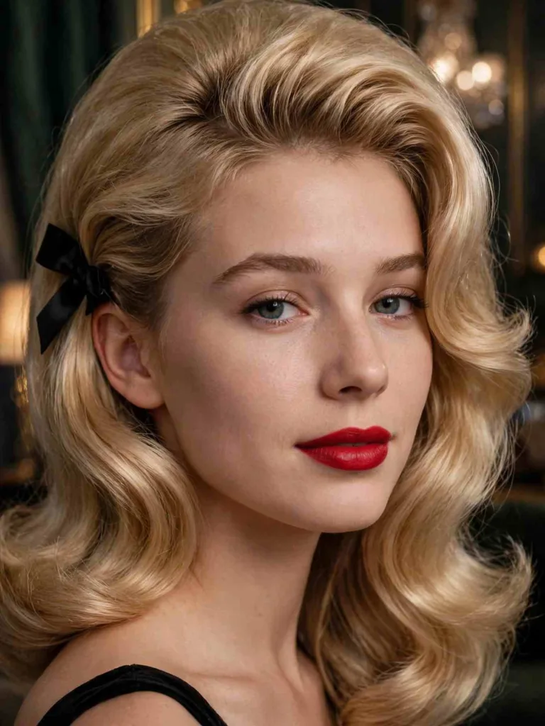 Voluminous brushed-out Bardot waves with a small bow behind one ear