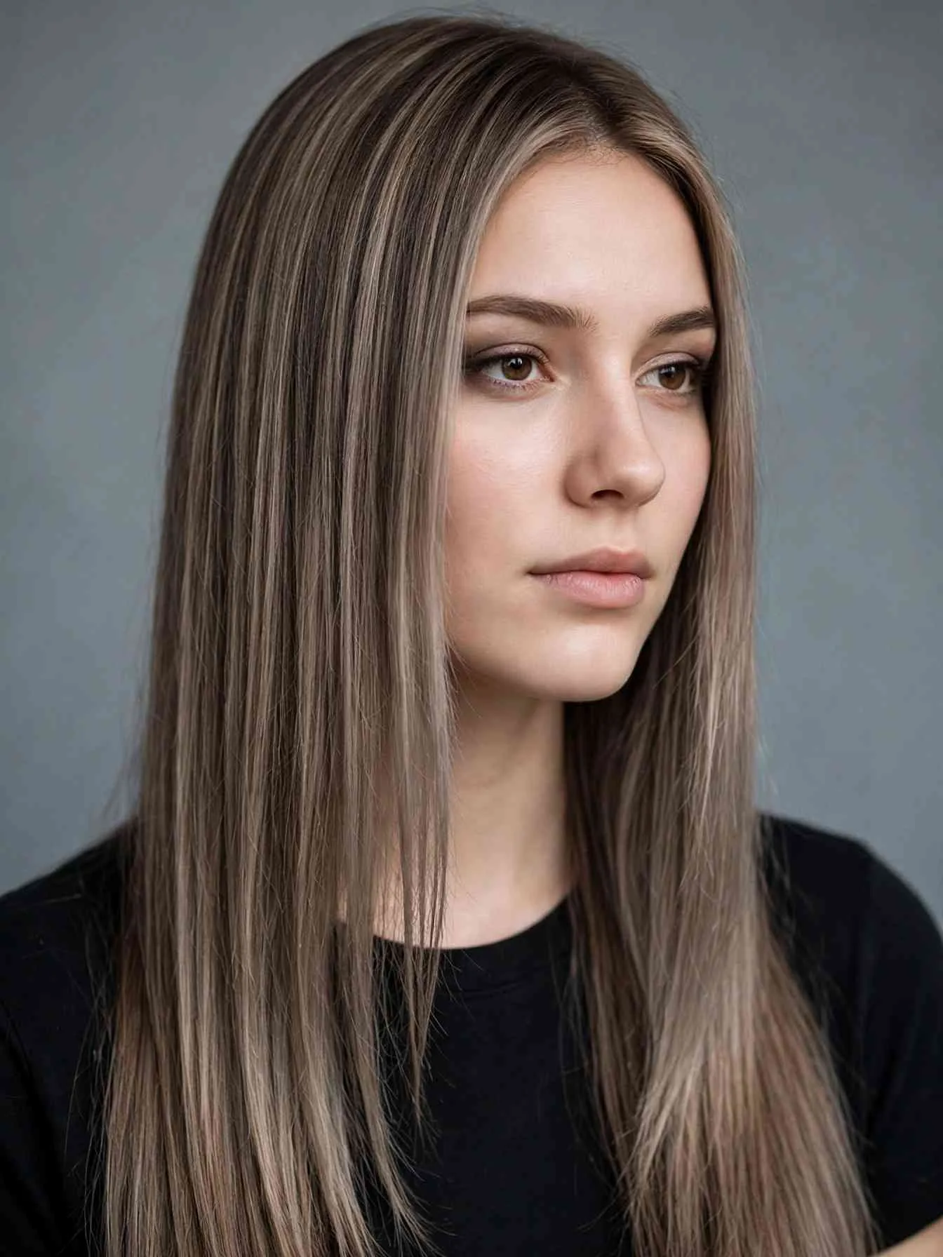 Cool ash mocha latte hair with smoky beige tones