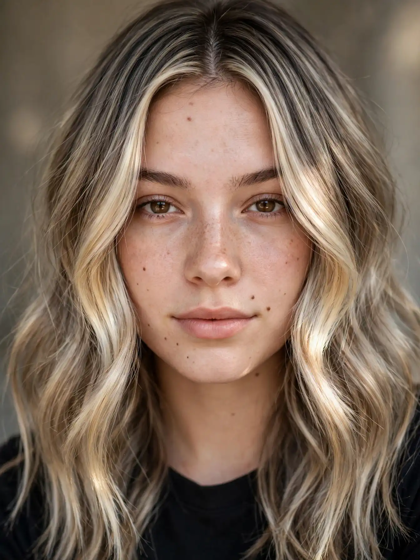 Ashy bronde melt with face-framing highlights at the part
