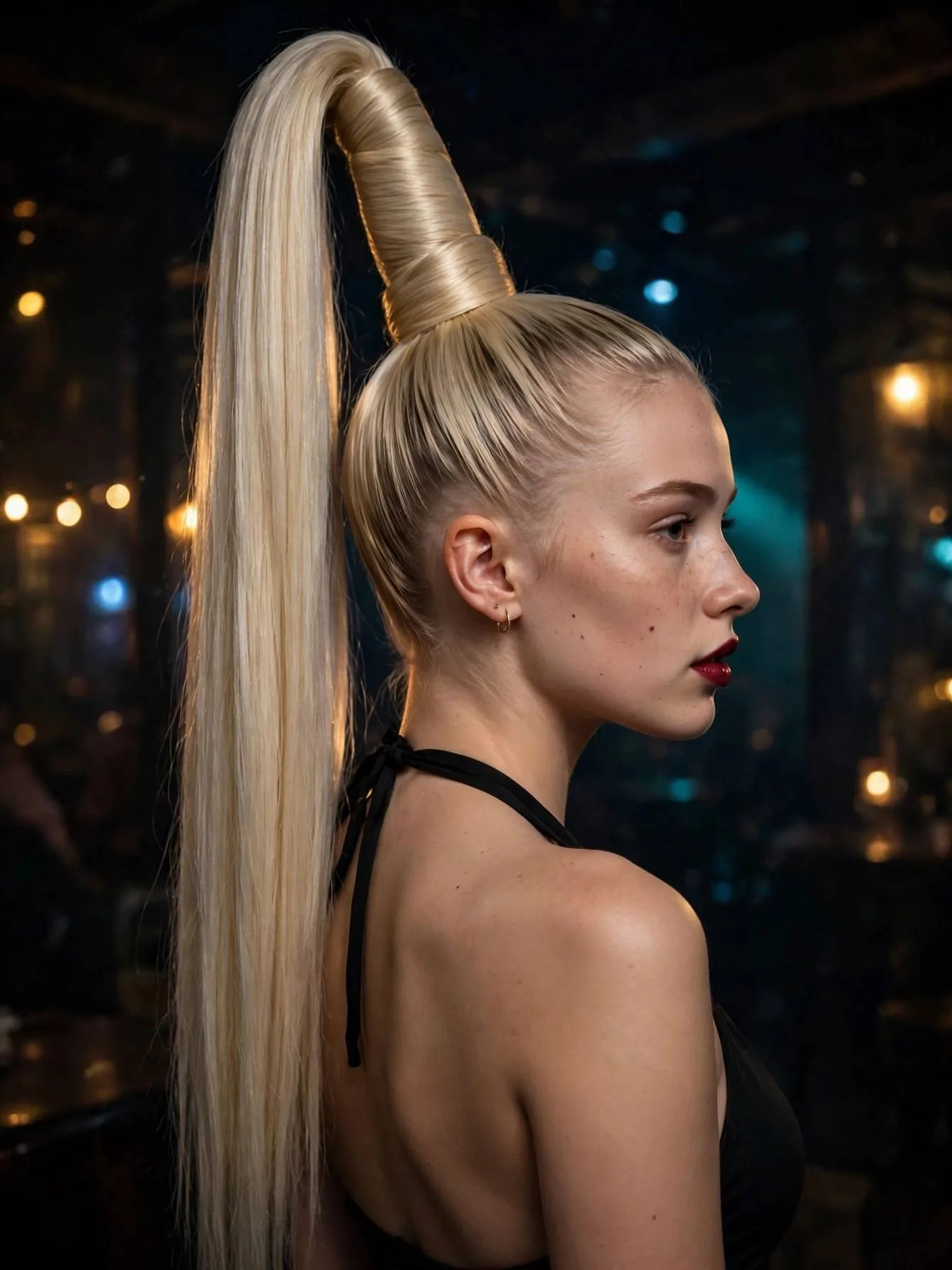 Sleek sky high ponytail with pin straight glossy long blonde hair