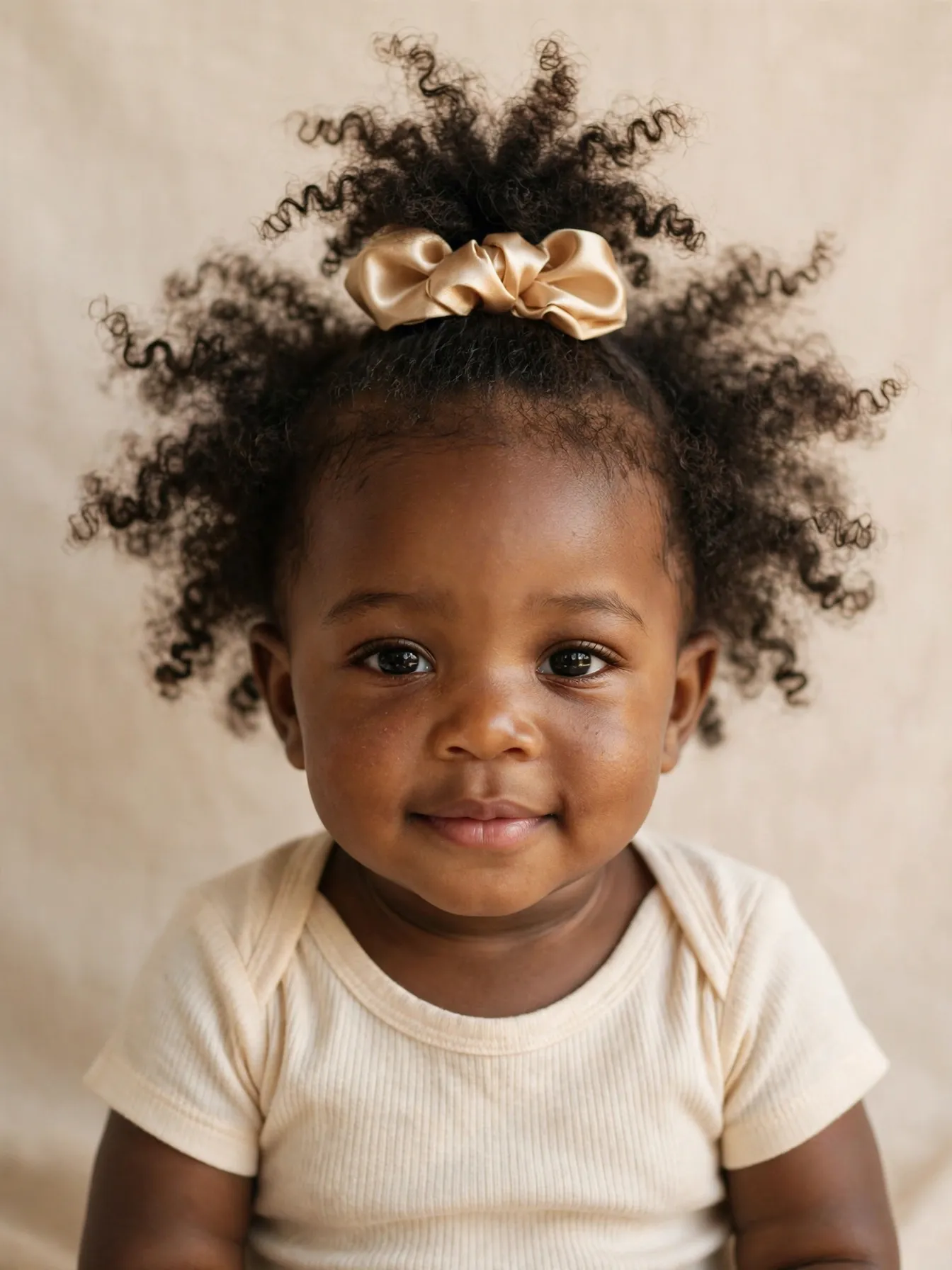 baby with a loose high pineapple puff